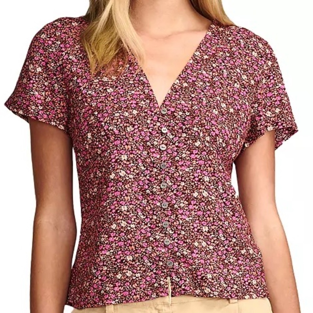 Lucky Brand Women's Floral-Print Short-Sleeve V-Neck Blouse NWT Size M